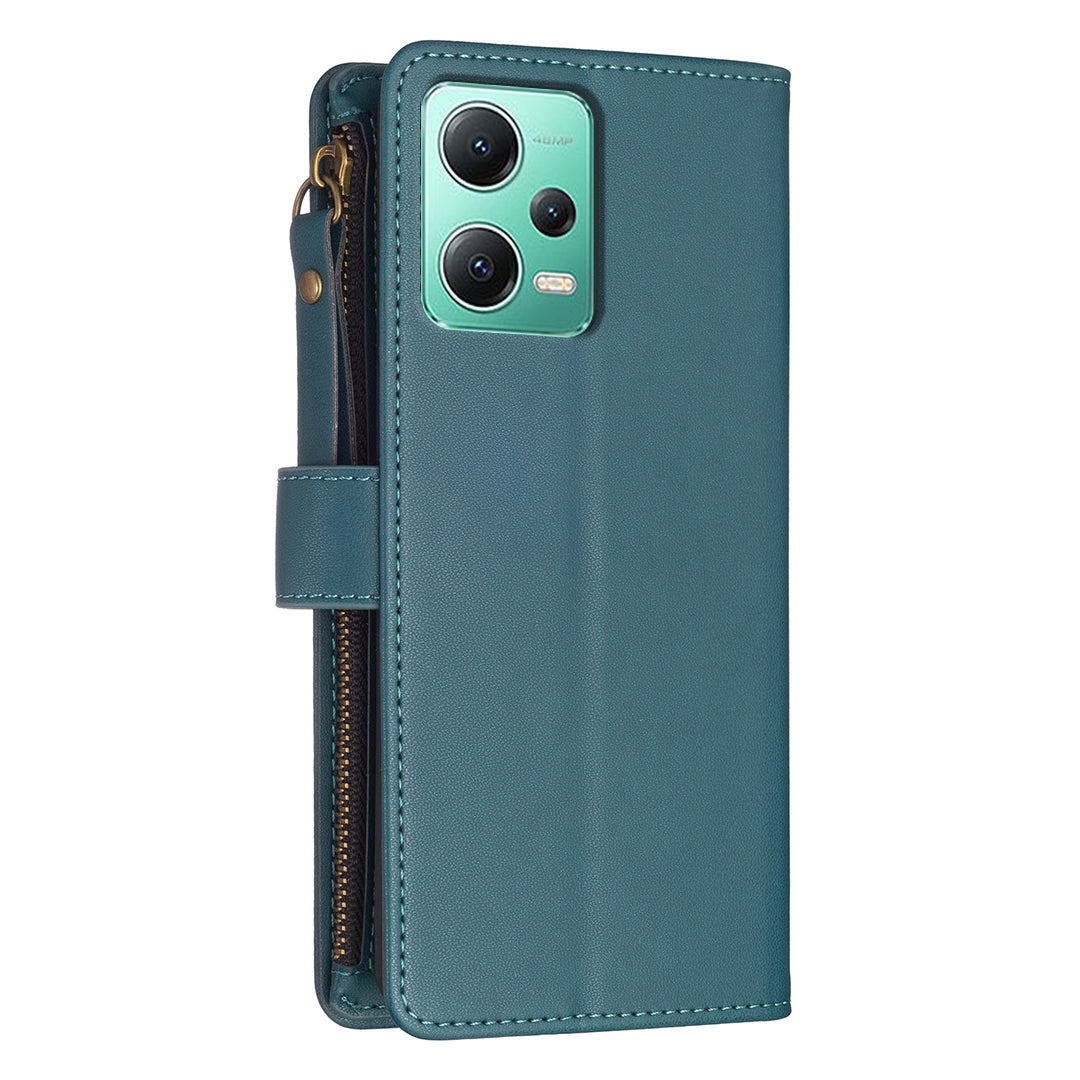 Xiaomi Redmi Note 12 5G Leather Flip Wallet Phone Case with 9 Card Slots, Zipper Compartment, and Adjustable Stand