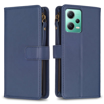 Xiaomi Redmi Note 12 5G Leather Flip Wallet Phone Case with 9 Card Slots, Zipper Compartment, and Adjustable Stand