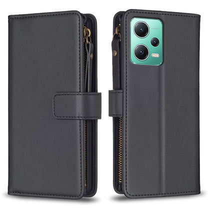 Xiaomi Redmi Note 12 5G Leather Flip Wallet Phone Case with 9 Card Slots, Zipper Compartment, and Adjustable Stand