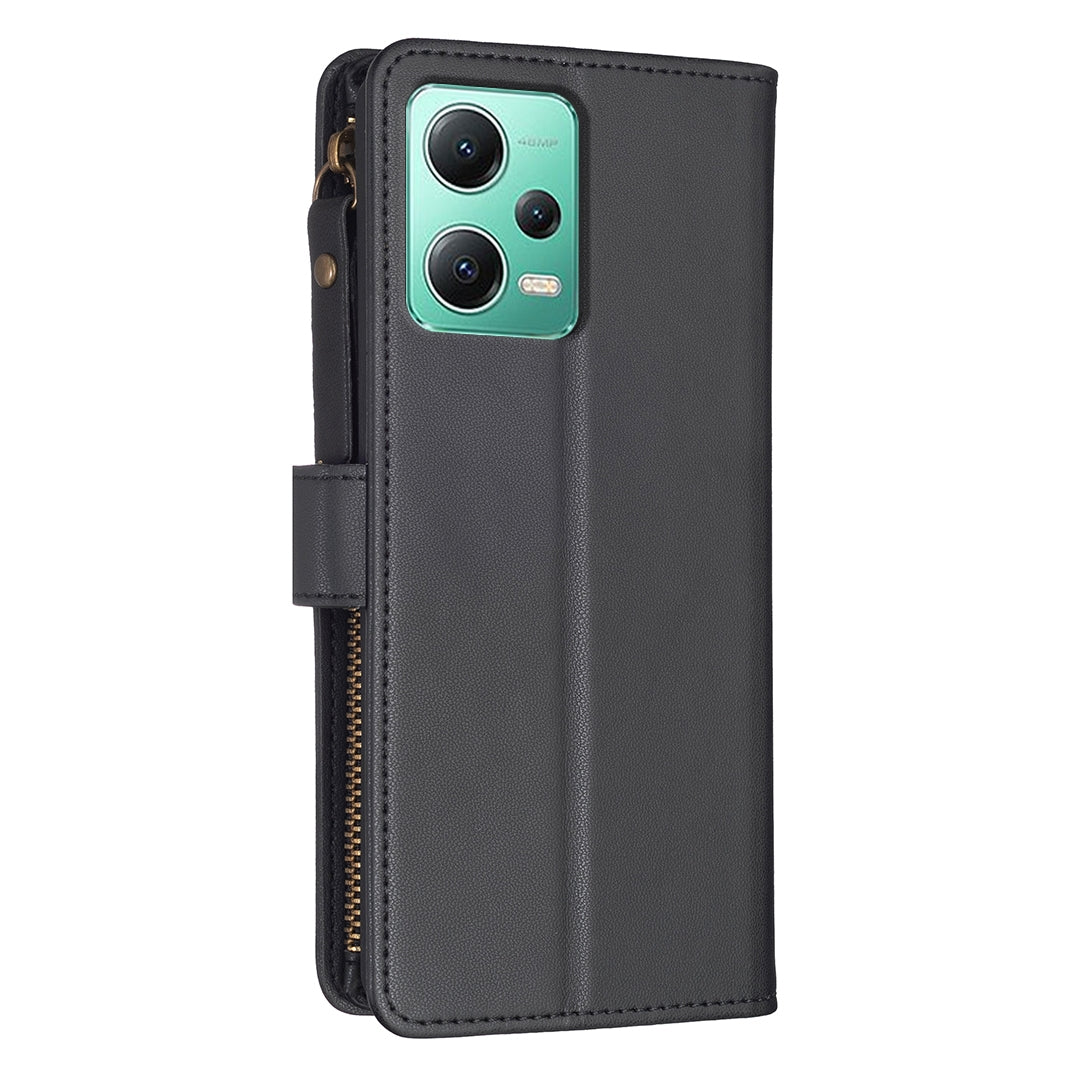 Xiaomi Redmi Note 12 5G Leather Flip Wallet Phone Case with 9 Card Slots, Zipper Compartment, and Adjustable Stand