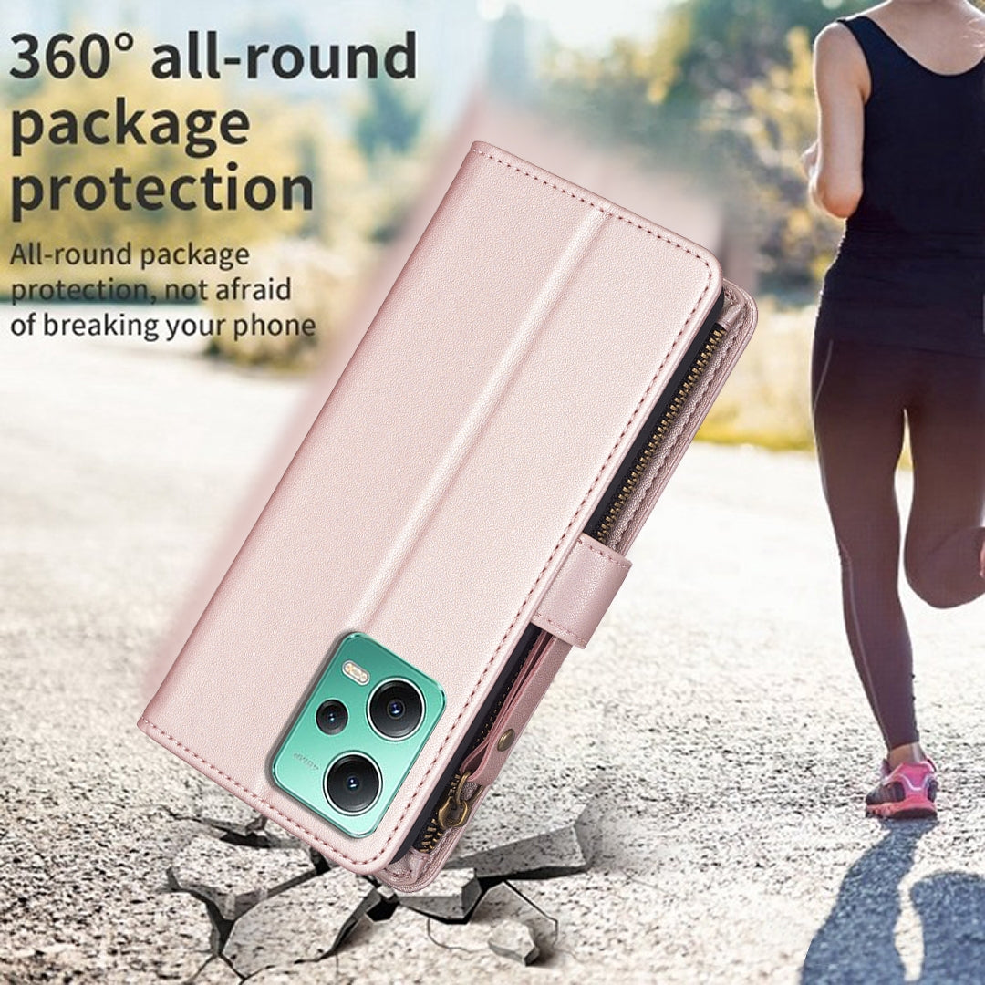 Xiaomi Redmi Note 12 5G Leather Flip Wallet Phone Case with 9 Card Slots, Zipper Compartment, and Adjustable Stand