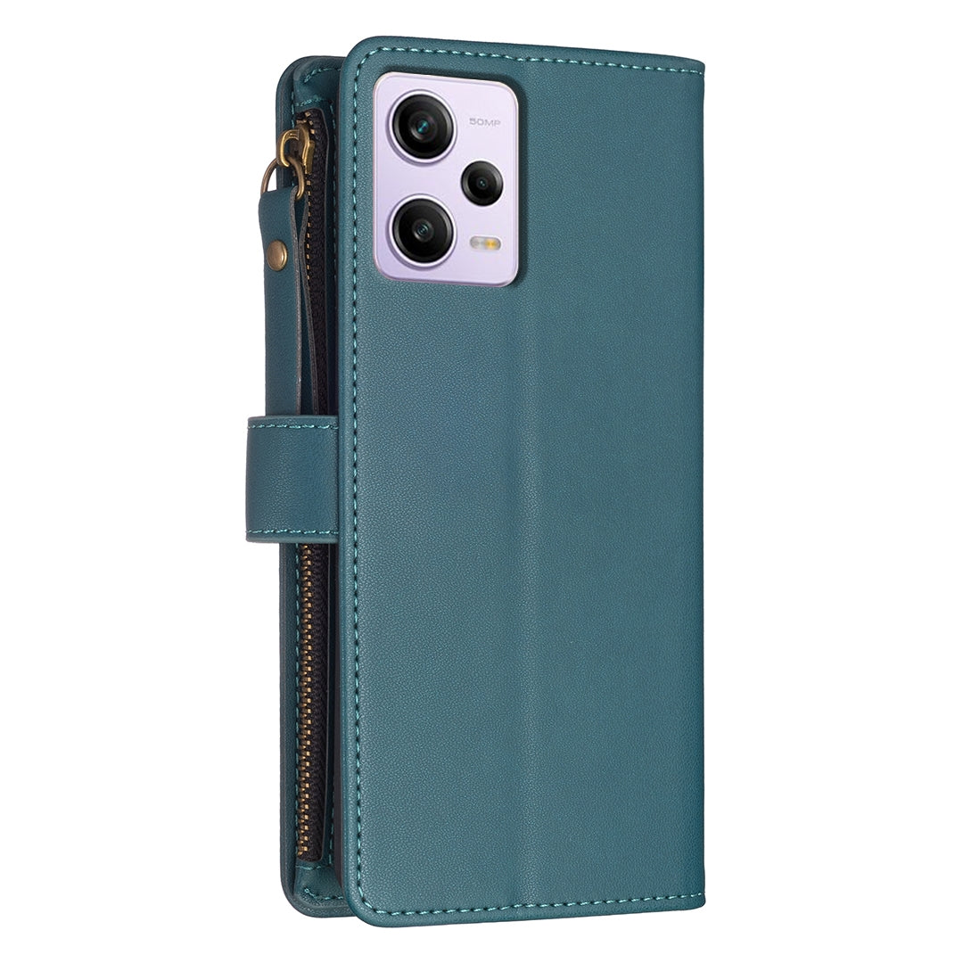 Xiaomi Redmi Note 12 Pro Leather Flip Wallet Phone Case with 9 Card Slots, Zipper Compartment, and Adjustable Stand