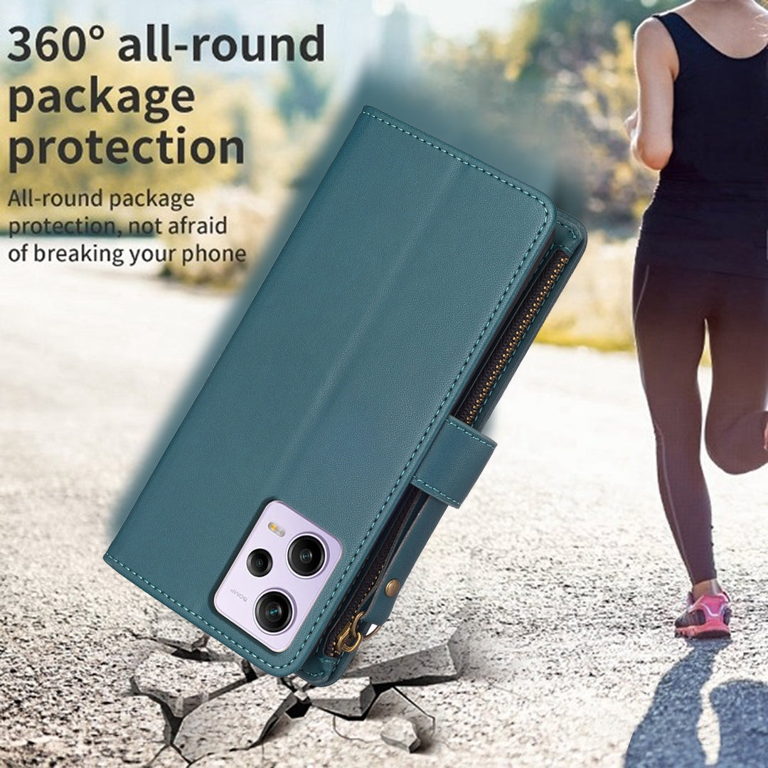 Xiaomi Redmi Note 12 Pro Leather Flip Wallet Phone Case with 9 Card Slots, Zipper Compartment, and Adjustable Stand