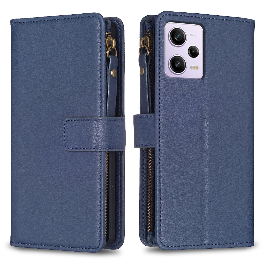Xiaomi Redmi Note 12 Pro Leather Flip Wallet Phone Case with 9 Card Slots, Zipper Compartment, and Adjustable Stand