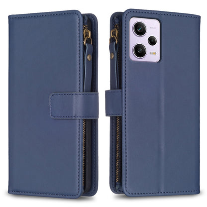 Xiaomi Redmi Note 12 Pro Leather Flip Wallet Phone Case with 9 Card Slots, Zipper Compartment, and Adjustable Stand