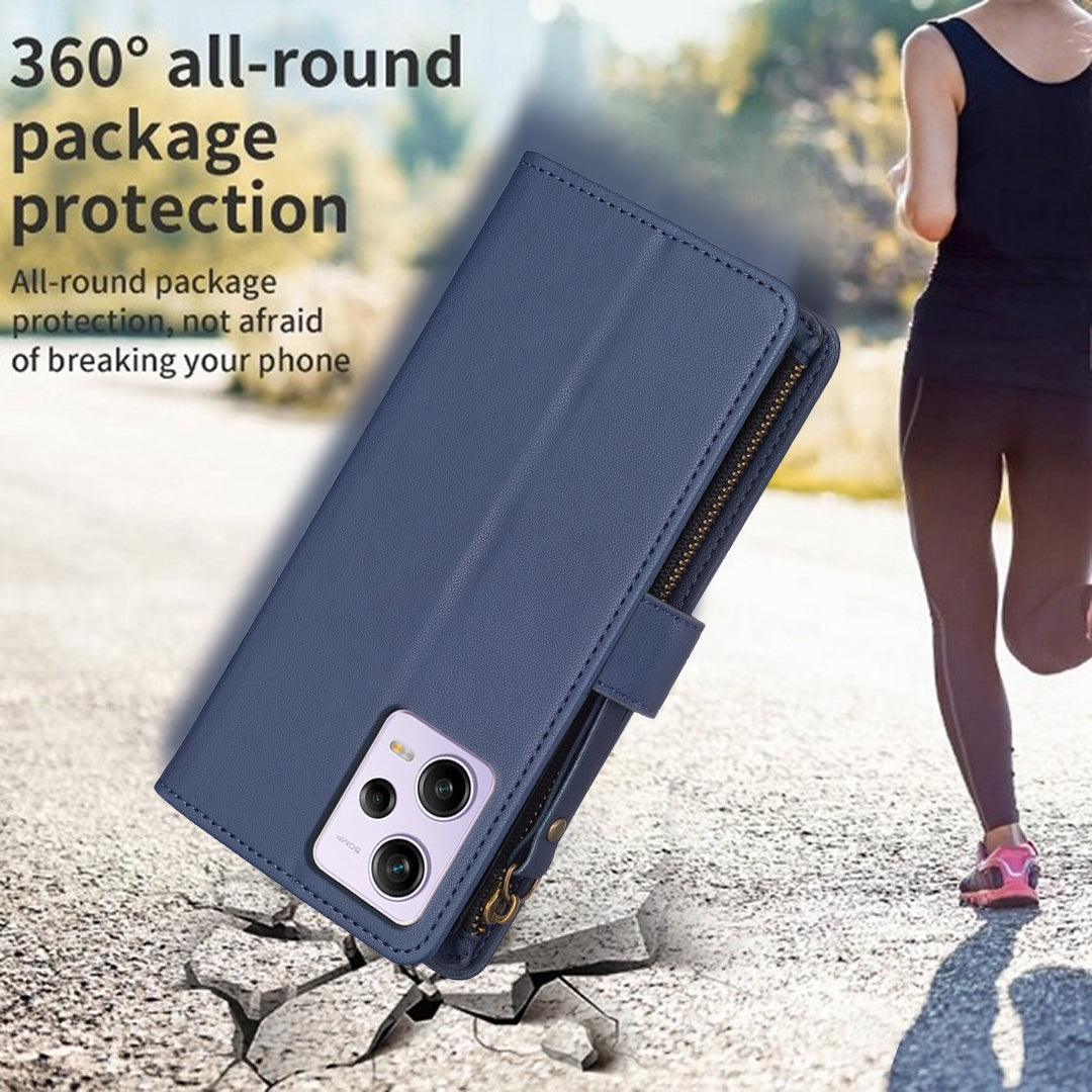 Xiaomi Redmi Note 12 Pro Leather Flip Wallet Phone Case with 9 Card Slots, Zipper Compartment, and Adjustable Stand