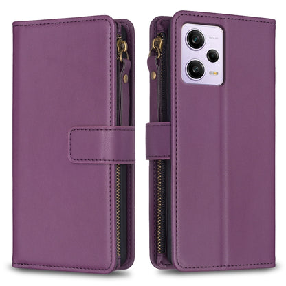 Xiaomi Redmi Note 12 Pro Leather Flip Wallet Phone Case with 9 Card Slots, Zipper Compartment, and Adjustable Stand