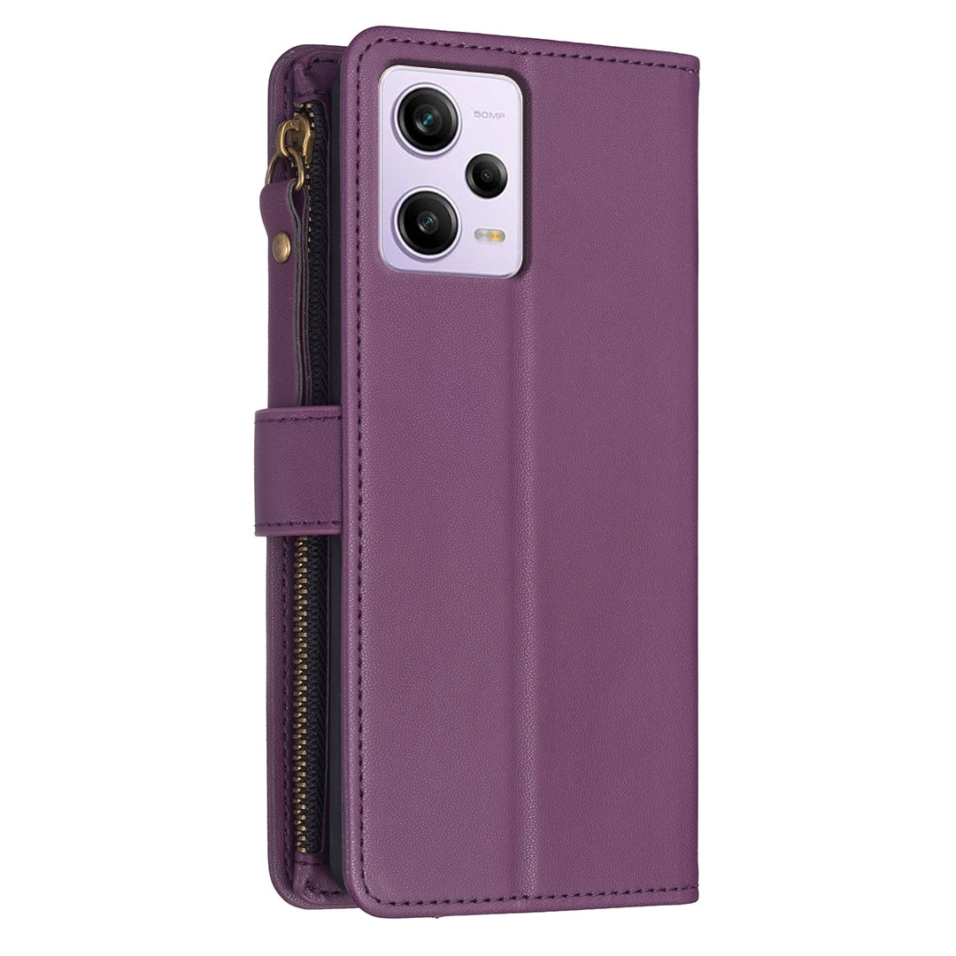 Xiaomi Redmi Note 12 Pro Leather Flip Wallet Phone Case with 9 Card Slots, Zipper Compartment, and Adjustable Stand
