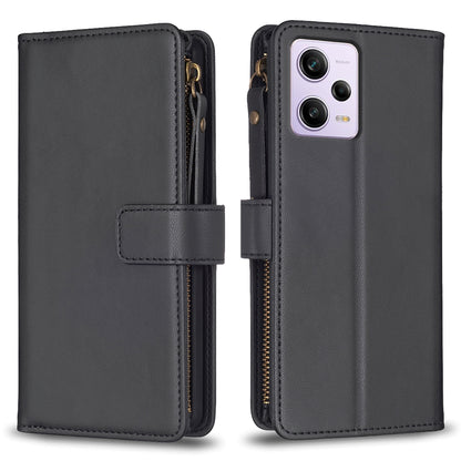 Xiaomi Redmi Note 12 Pro Leather Flip Wallet Phone Case with 9 Card Slots, Zipper Compartment, and Adjustable Stand