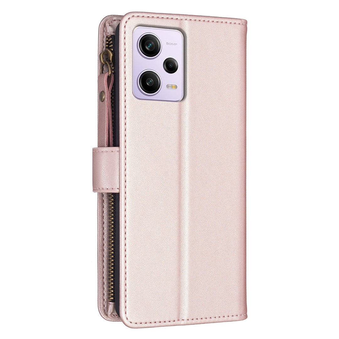 Xiaomi Redmi Note 12 Pro Leather Flip Wallet Phone Case with 9 Card Slots, Zipper Compartment, and Adjustable Stand