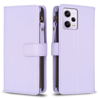 Xiaomi Redmi Note 12 Pro Leather Flip Wallet Phone Case with 9 Card Slots, Zipper Compartment, and Adjustable Stand