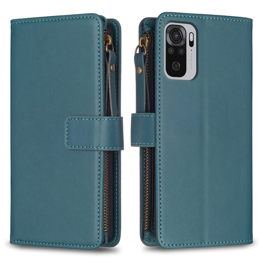 Xiaomi Redmi Note 10 Leather Flip Wallet Phone Case with 9 Card Slots, Zipper Compartment, and Adjustable Stand