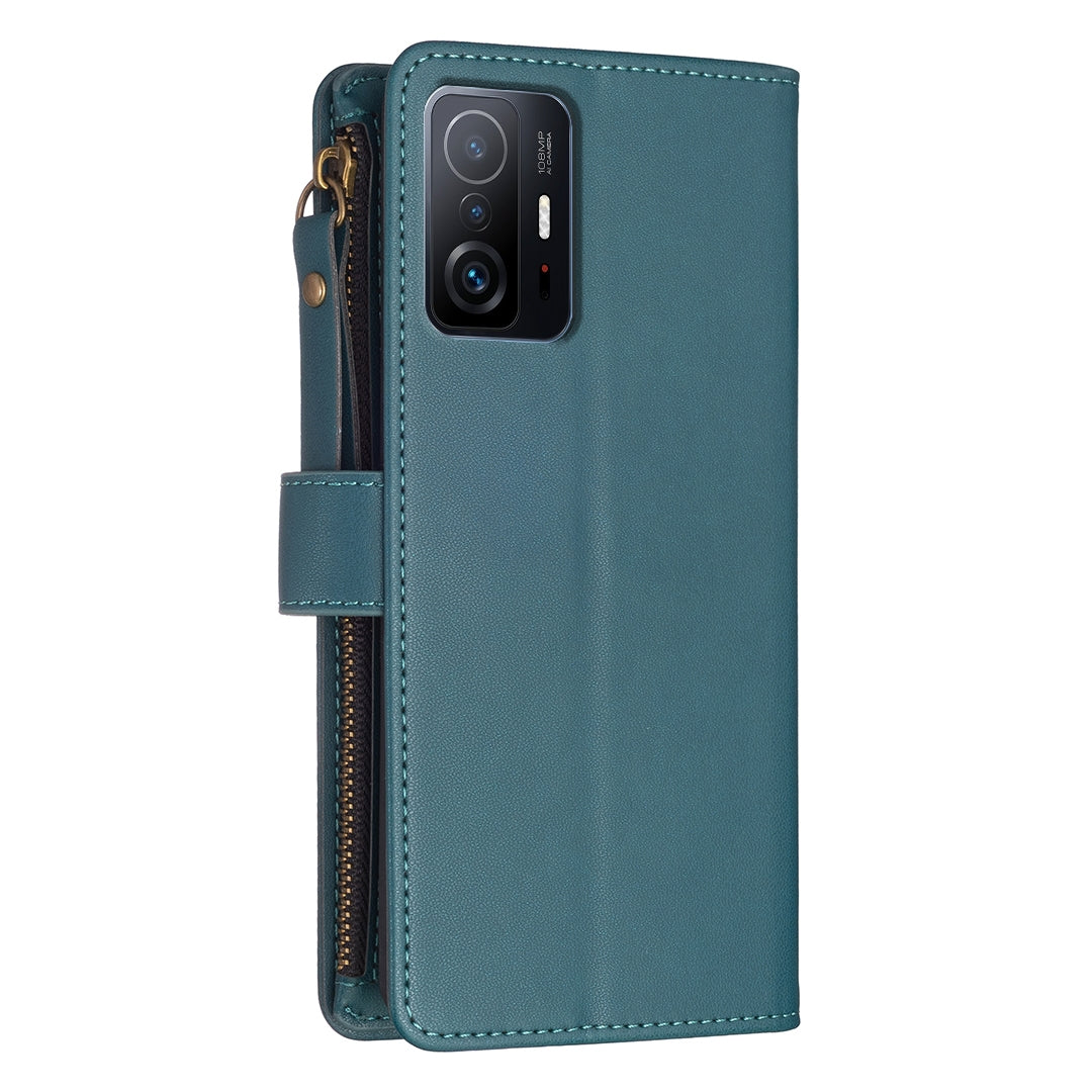 Xiaomi Mi 11T Leather Flip Wallet Phone Case with 9 Card Slots, Zipper Compartment, and Adjustable Stand