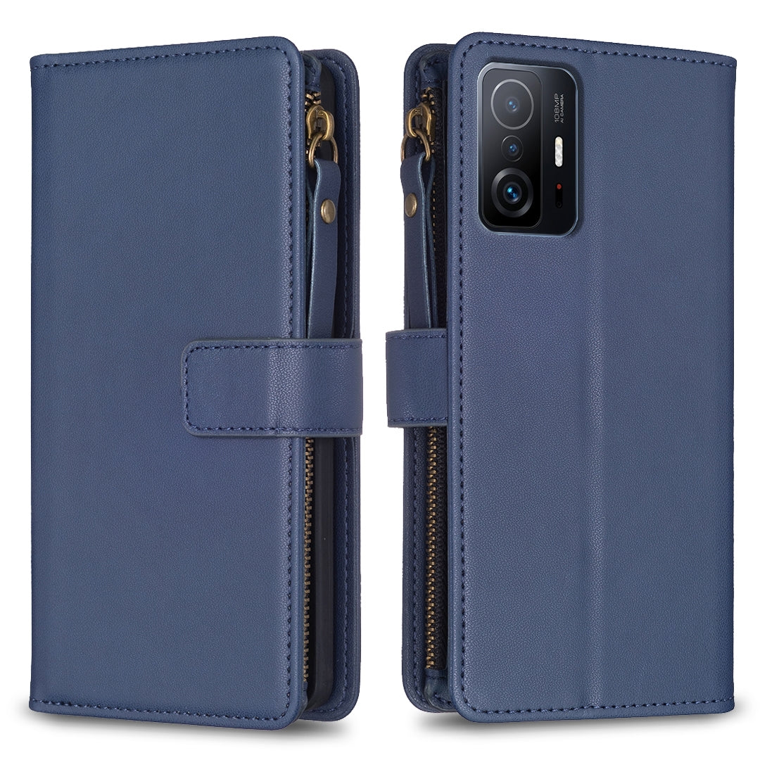 Xiaomi Mi 11T Leather Flip Wallet Phone Case with 9 Card Slots, Zipper Compartment, and Adjustable Stand
