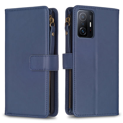 Xiaomi Mi 11T Leather Flip Wallet Phone Case with 9 Card Slots, Zipper Compartment, and Adjustable Stand