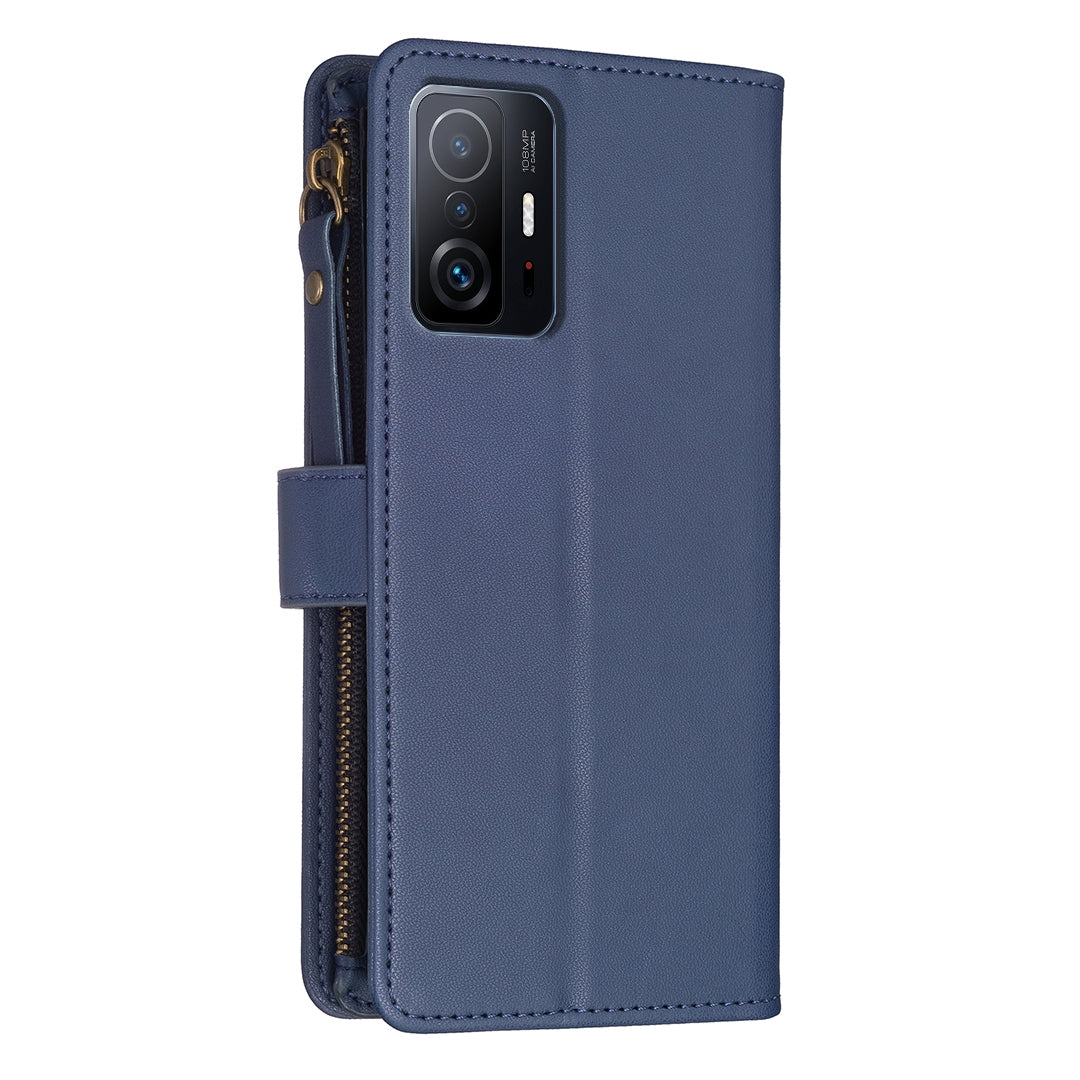 Xiaomi Mi 11T Leather Flip Wallet Phone Case with 9 Card Slots, Zipper Compartment, and Adjustable Stand