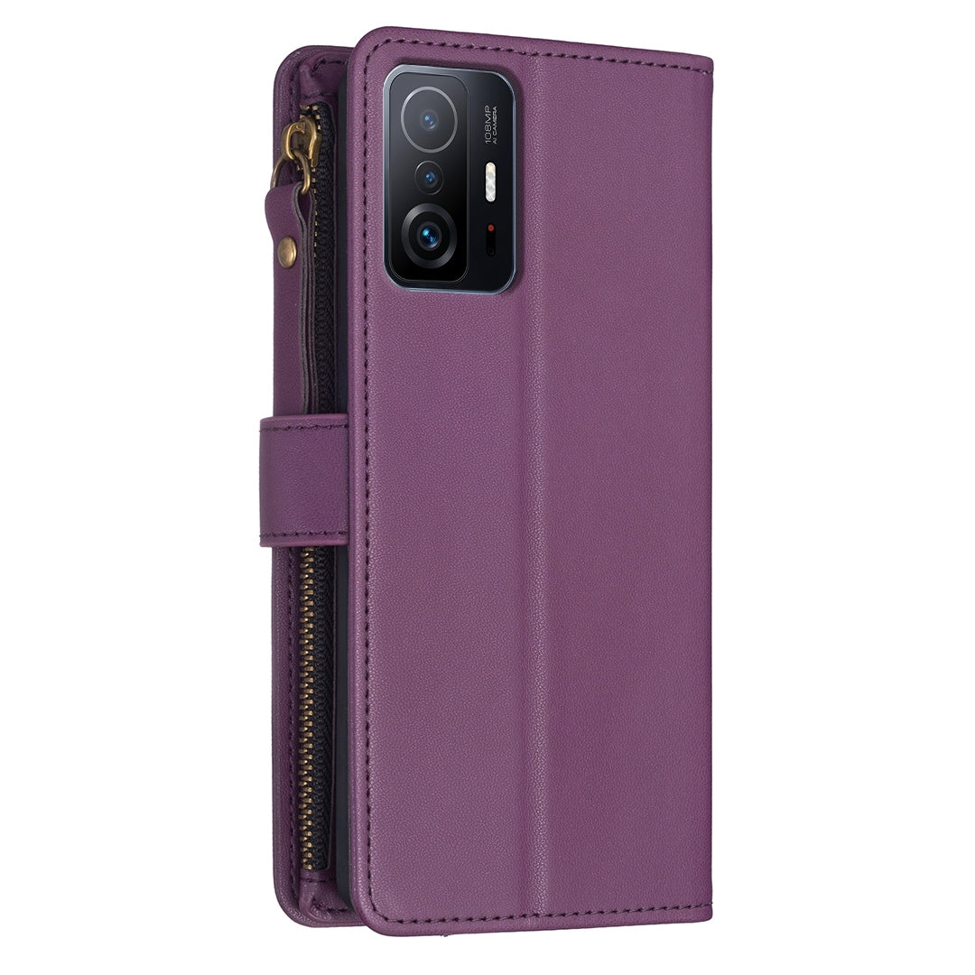Xiaomi Mi 11T Leather Flip Wallet Phone Case with 9 Card Slots, Zipper Compartment, and Adjustable Stand