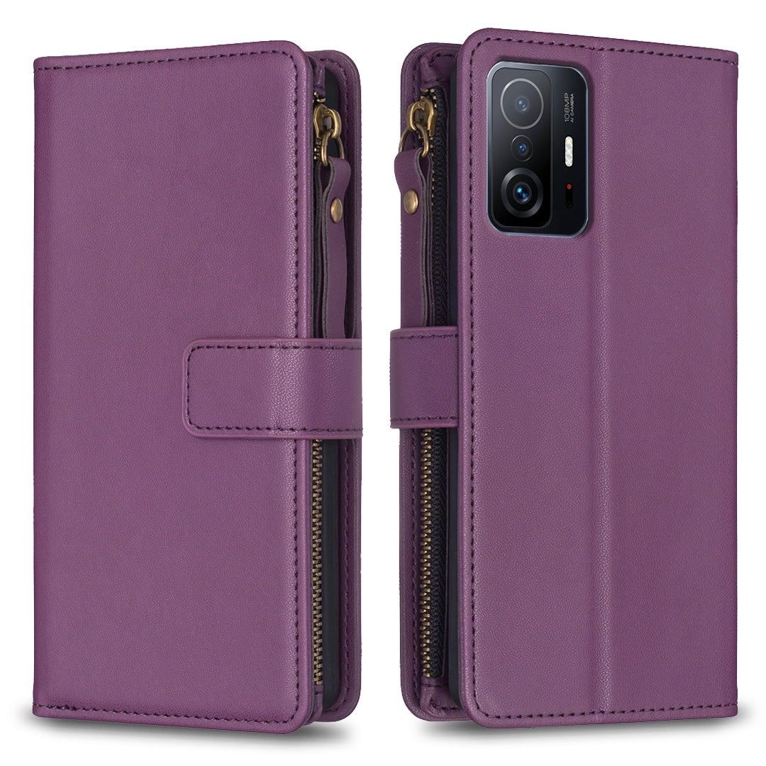 Xiaomi Mi 11T Pro Leather Flip Wallet Phone Case with 9 Card Slots, Zipper Compartment, and Adjustable Stand