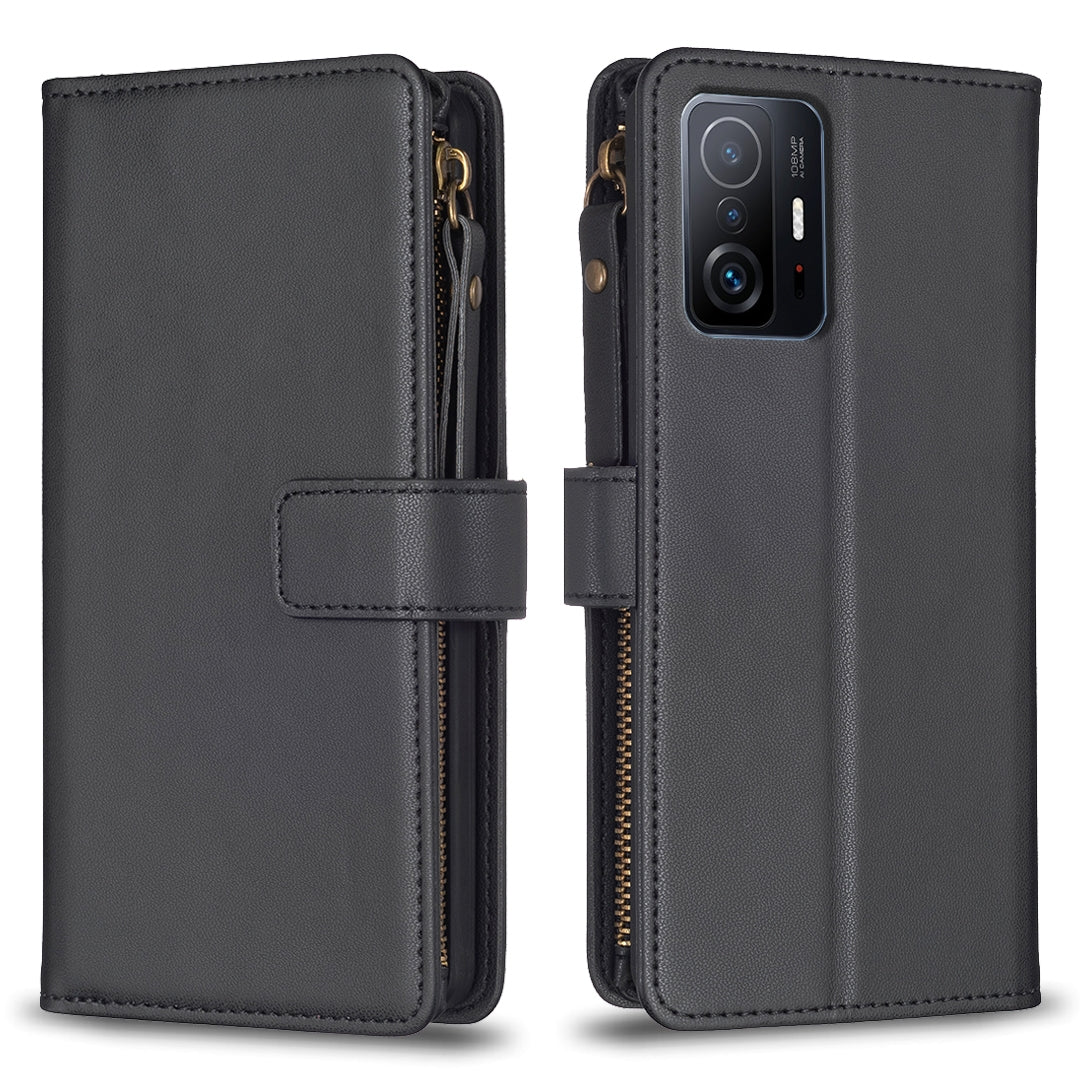 Xiaomi Mi 11T Leather Flip Wallet Phone Case with 9 Card Slots, Zipper Compartment, and Adjustable Stand