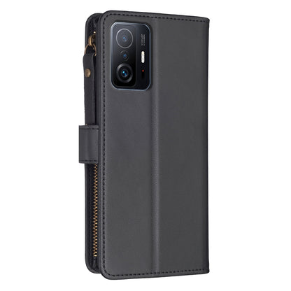 Xiaomi Mi 11T Leather Flip Wallet Phone Case with 9 Card Slots, Zipper Compartment, and Adjustable Stand
