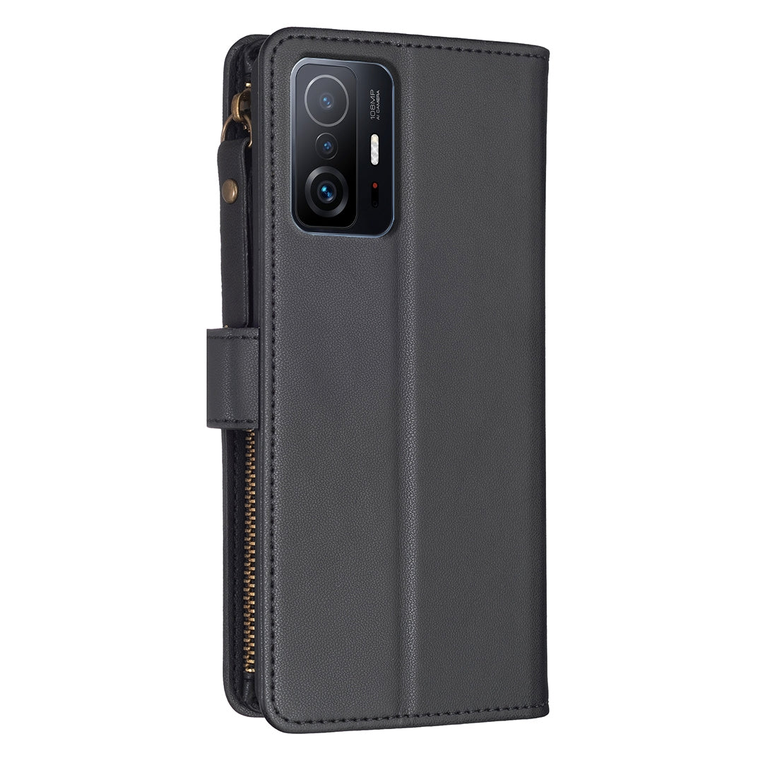 Xiaomi Mi 11T Pro Leather Flip Wallet Phone Case with 9 Card Slots, Zipper Compartment, and Adjustable Stand