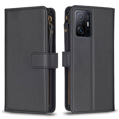 Xiaomi Mi 11T Pro Leather Flip Wallet Phone Case with 9 Card Slots, Zipper Compartment, and Adjustable Stand