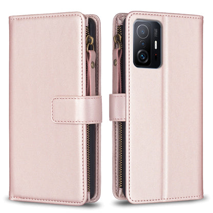 Xiaomi Mi 11T Leather Flip Wallet Phone Case with 9 Card Slots, Zipper Compartment, and Adjustable Stand