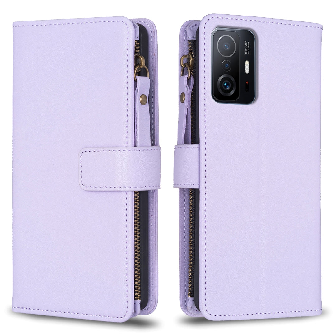 Xiaomi Mi 11T Pro Leather Flip Wallet Phone Case with 9 Card Slots, Zipper Compartment, and Adjustable Stand