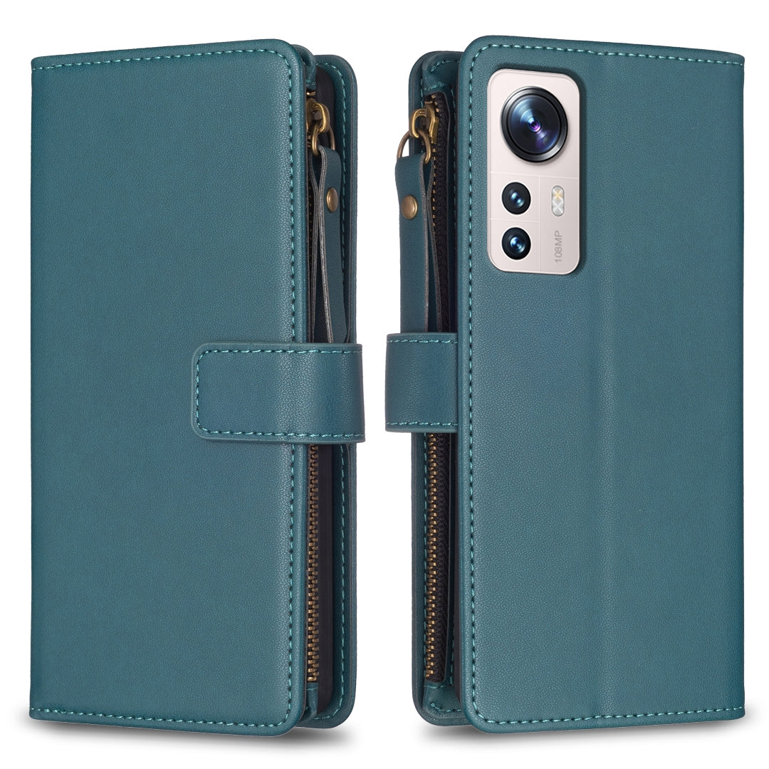 Xiaomi 12 Lite Leather Flip Wallet Phone Case with 9 Card Slots, Zipper Compartment, and Adjustable Stand