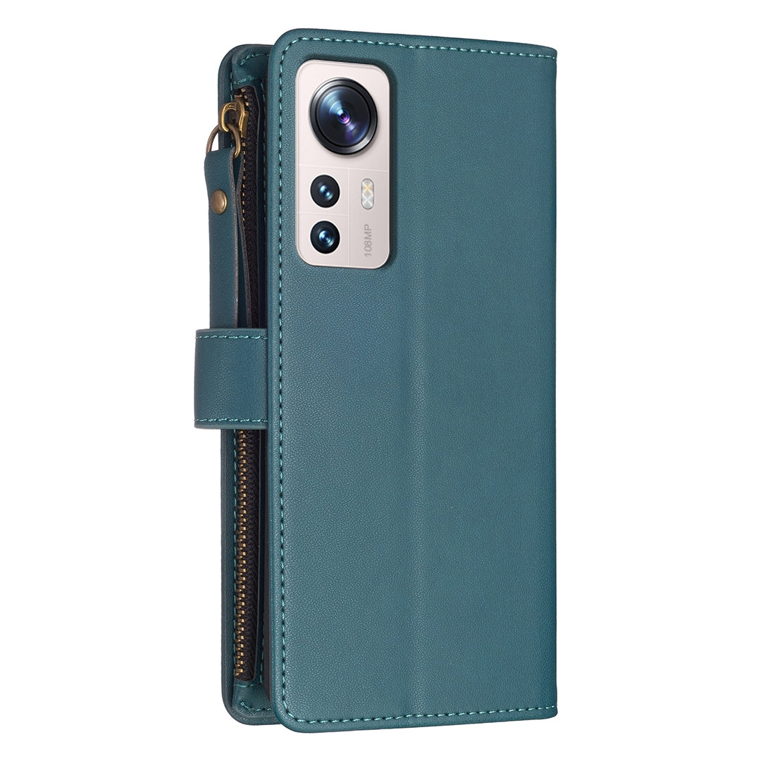 Xiaomi 12 Lite Leather Flip Wallet Phone Case with 9 Card Slots, Zipper Compartment, and Adjustable Stand