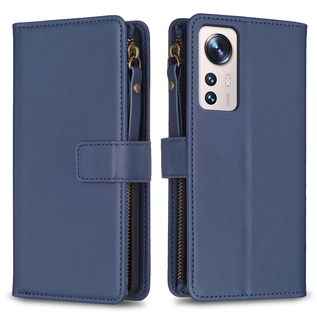 Xiaomi 12 Lite Leather Flip Wallet Phone Case with 9 Card Slots, Zipper Compartment, and Adjustable Stand