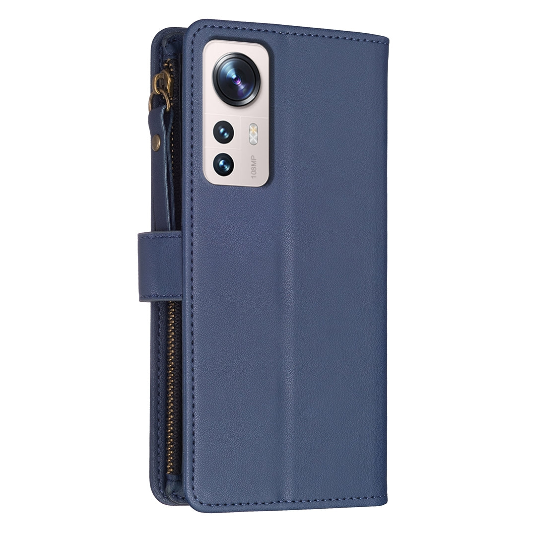Xiaomi 12 Lite Leather Flip Wallet Phone Case with 9 Card Slots, Zipper Compartment, and Adjustable Stand