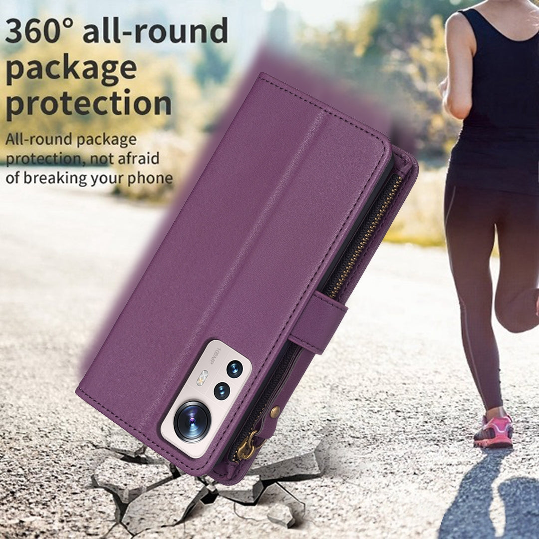 Xiaomi 12 Lite Leather Flip Wallet Phone Case with 9 Card Slots, Zipper Compartment, and Adjustable Stand