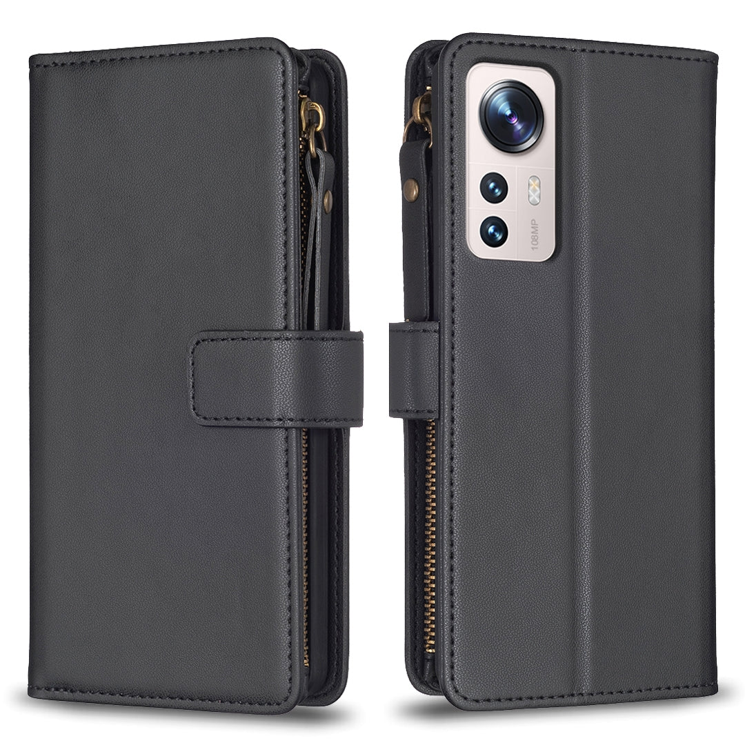 Xiaomi 12 Lite Leather Flip Wallet Phone Case with 9 Card Slots, Zipper Compartment, and Adjustable Stand