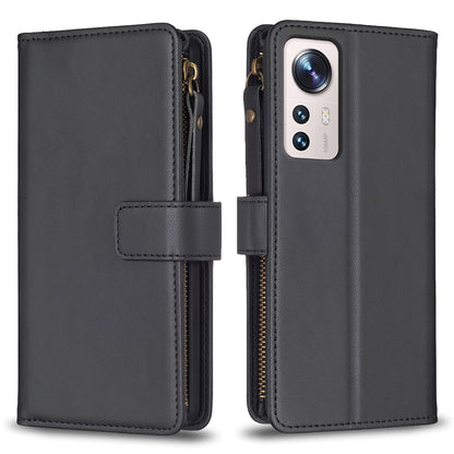 Xiaomi 12 Lite Leather Flip Wallet Phone Case with 9 Card Slots, Zipper Compartment, and Adjustable Stand