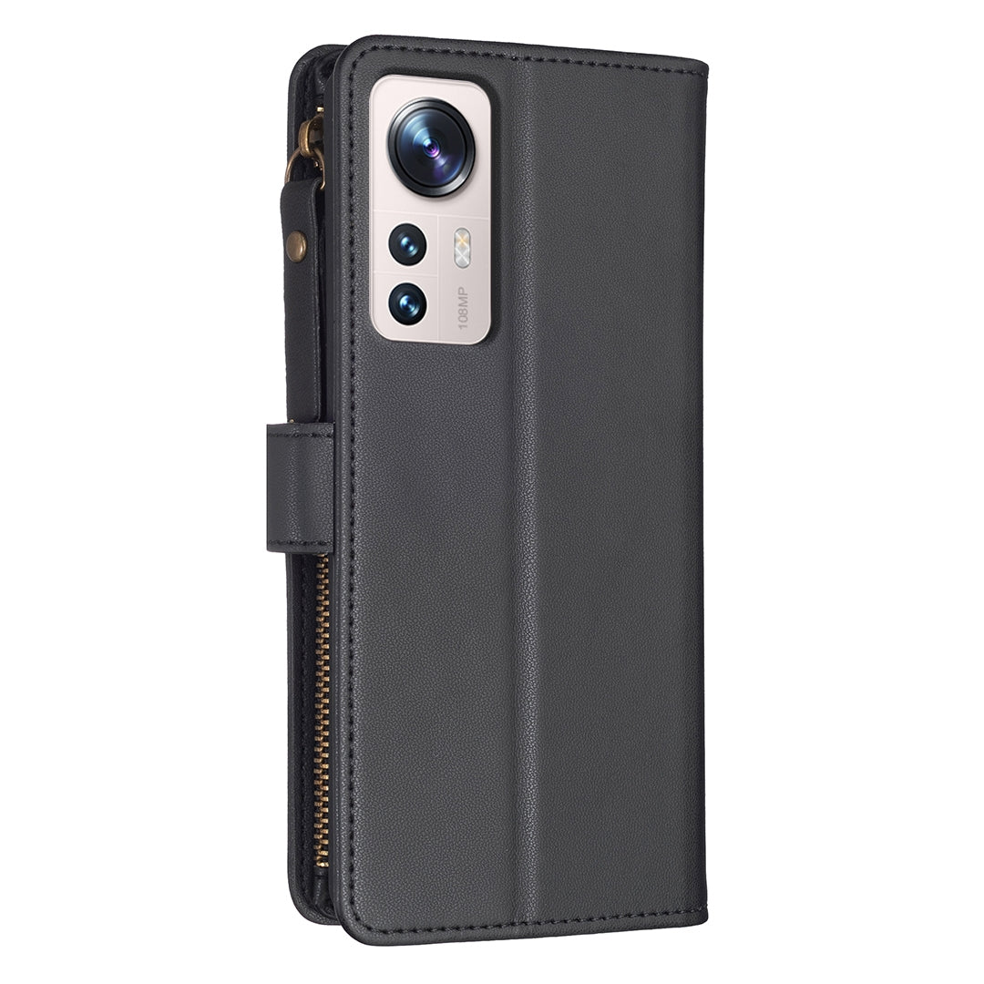 Xiaomi 12 Lite Leather Flip Wallet Phone Case with 9 Card Slots, Zipper Compartment, and Adjustable Stand