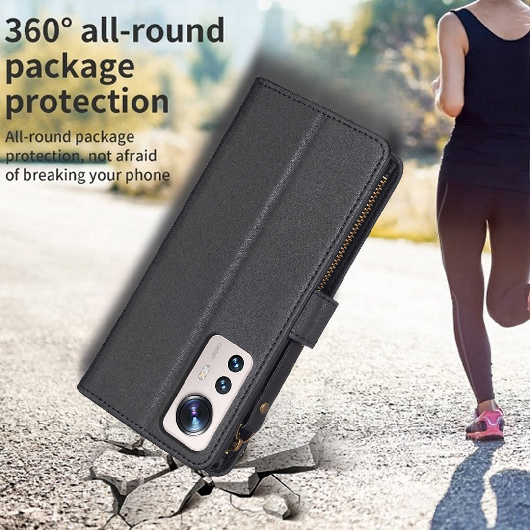 Xiaomi 12 Lite Leather Flip Wallet Phone Case with 9 Card Slots, Zipper Compartment, and Adjustable Stand
