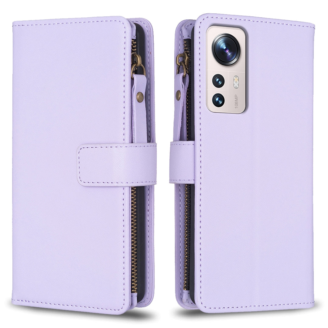 Xiaomi 12 Lite Leather Flip Wallet Phone Case with 9 Card Slots, Zipper Compartment, and Adjustable Stand
