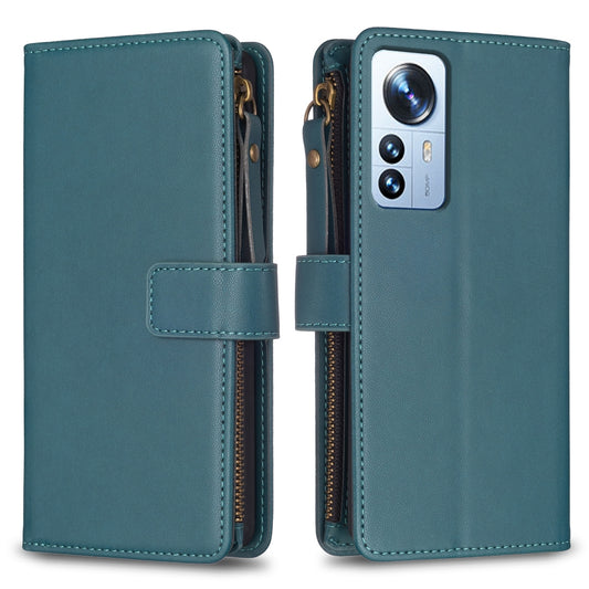 Xiaomi 12 Pro Leather Flip Wallet Phone Case with 9 Card Slots, Zipper Compartment, and Adjustable Stand