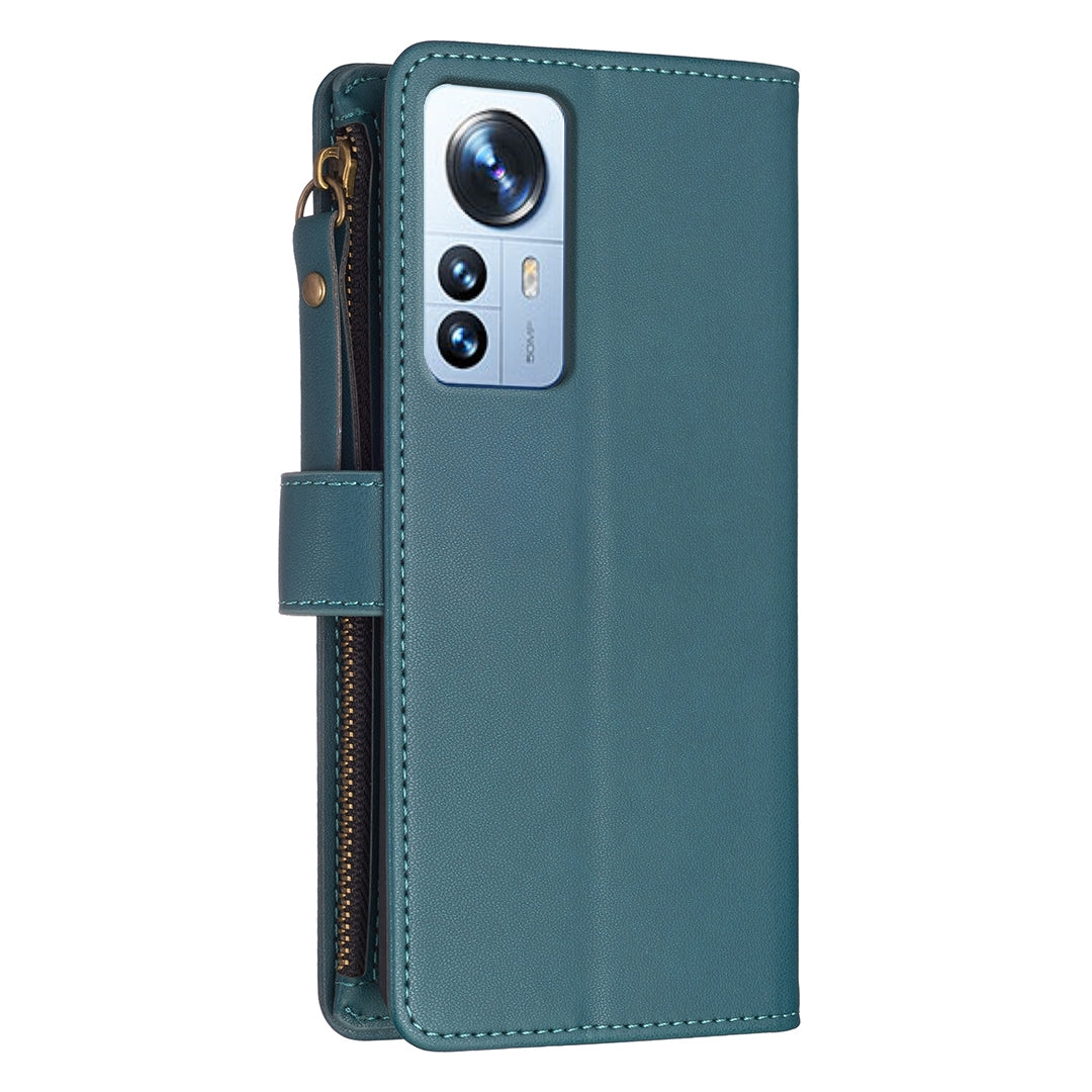 Xiaomi 12 Pro Leather Flip Wallet Phone Case with 9 Card Slots, Zipper Compartment, and Adjustable Stand