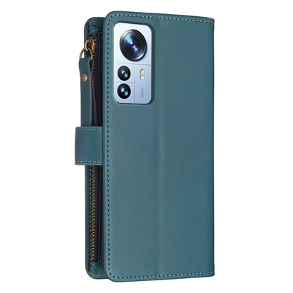 Xiaomi 12 Pro Leather Flip Wallet Phone Case with 9 Card Slots, Zipper Compartment, and Adjustable Stand