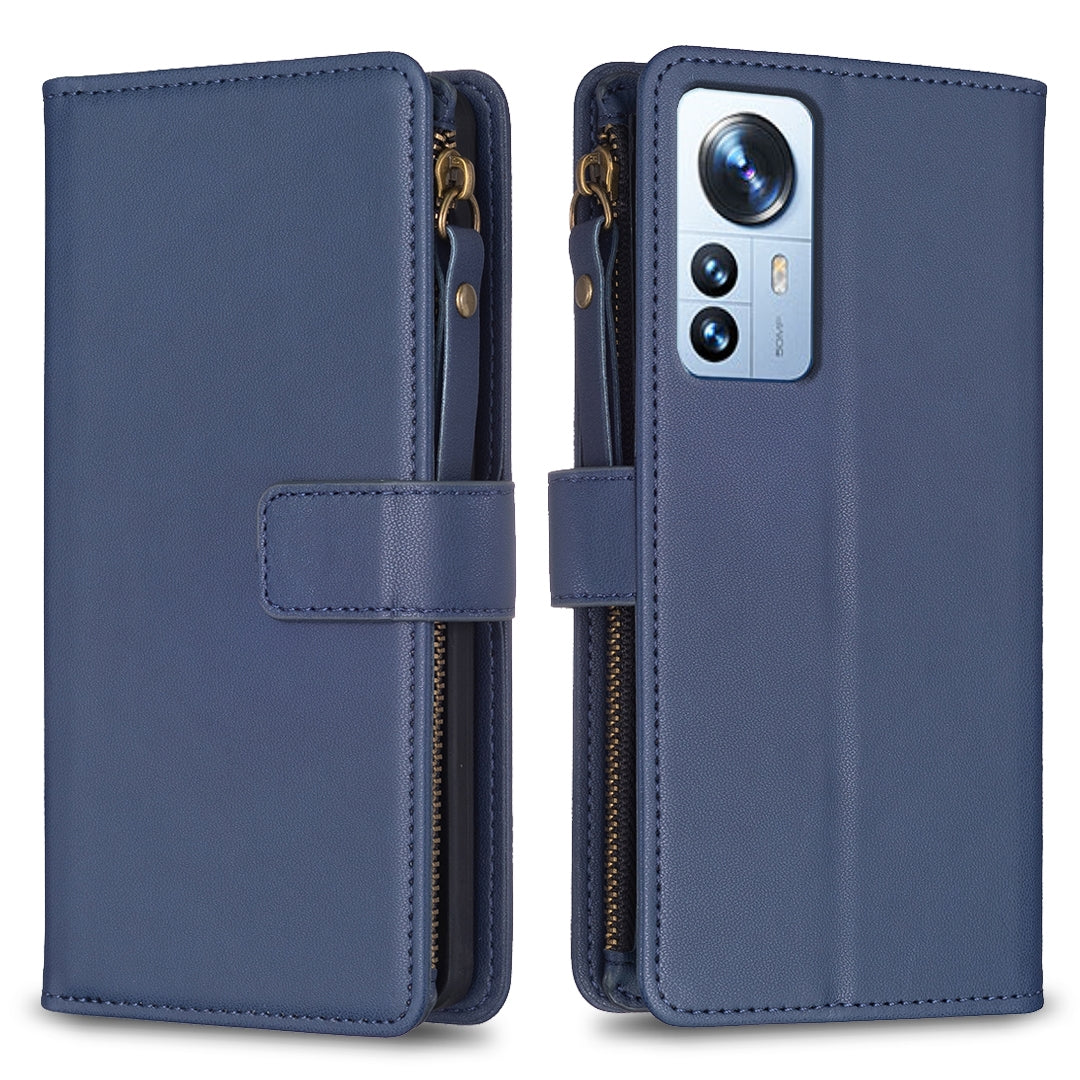 Xiaomi 12 Pro Leather Flip Wallet Phone Case with 9 Card Slots, Zipper Compartment, and Adjustable Stand
