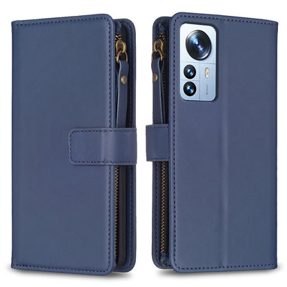 Xiaomi 12 Pro Leather Flip Wallet Phone Case with 9 Card Slots, Zipper Compartment, and Adjustable Stand