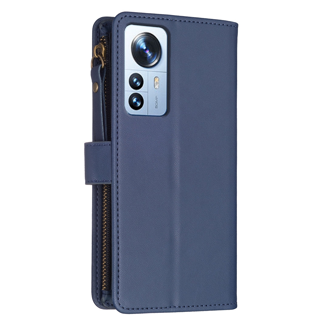 Xiaomi 12 Pro Leather Flip Wallet Phone Case with 9 Card Slots, Zipper Compartment, and Adjustable Stand