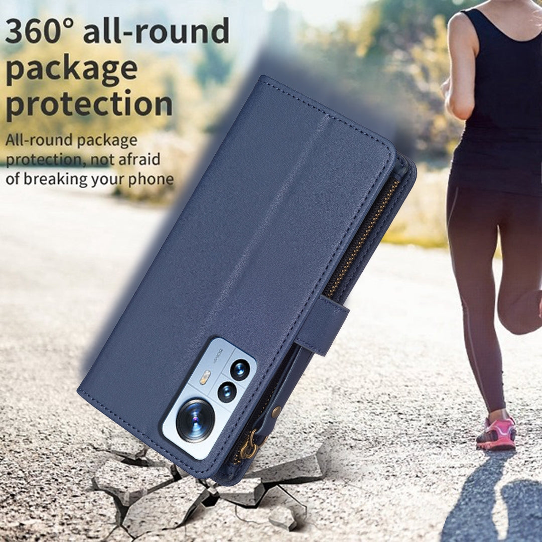 Xiaomi 12 Pro Leather Flip Wallet Phone Case with 9 Card Slots, Zipper Compartment, and Adjustable Stand