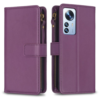 Xiaomi 12 Pro Leather Flip Wallet Phone Case with 9 Card Slots, Zipper Compartment, and Adjustable Stand