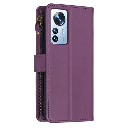 Xiaomi 12 Pro Leather Flip Wallet Phone Case with 9 Card Slots, Zipper Compartment, and Adjustable Stand