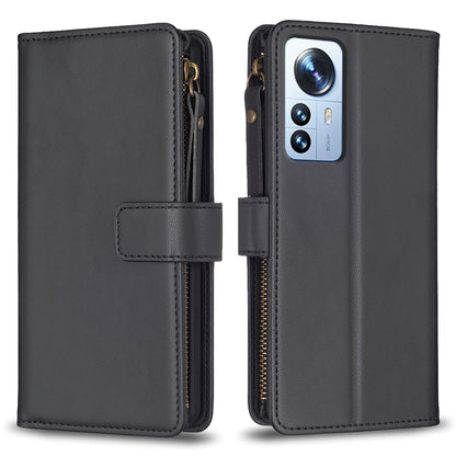 Xiaomi 12 Pro Leather Flip Wallet Phone Case with 9 Card Slots, Zipper Compartment, and Adjustable Stand