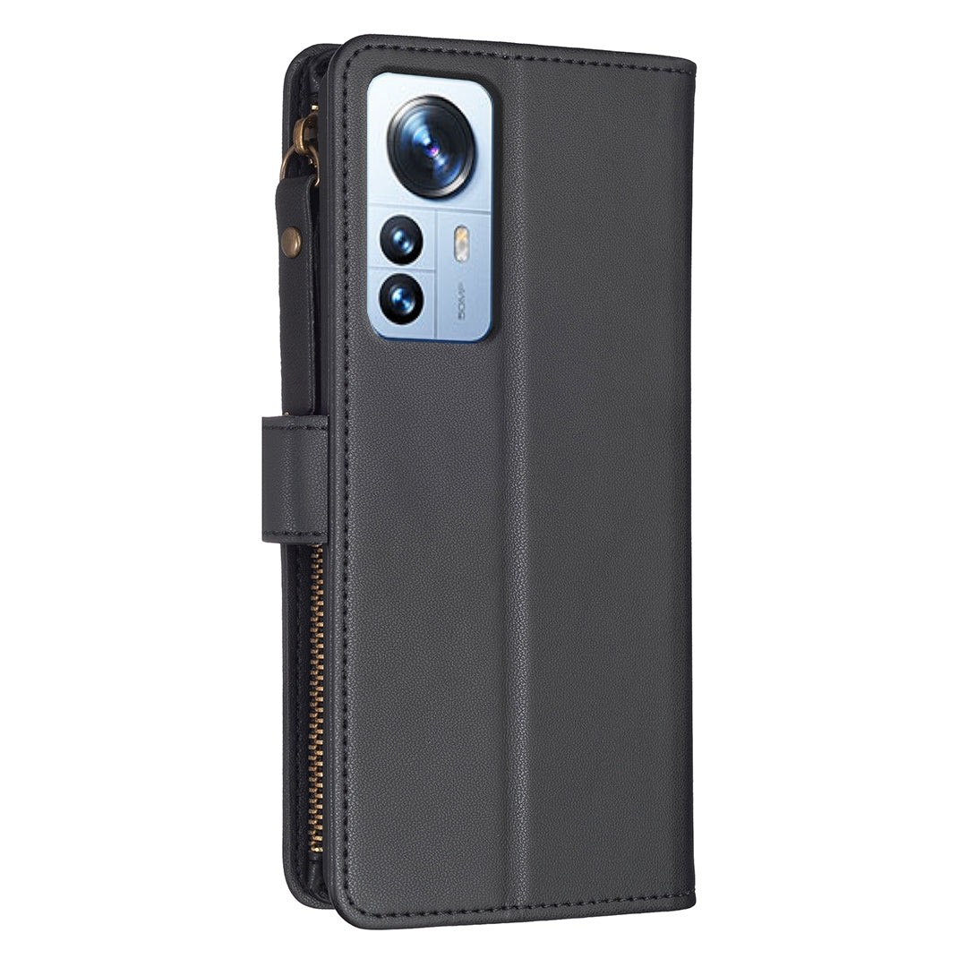 Xiaomi 12 Pro Leather Flip Wallet Phone Case with 9 Card Slots, Zipper Compartment, and Adjustable Stand