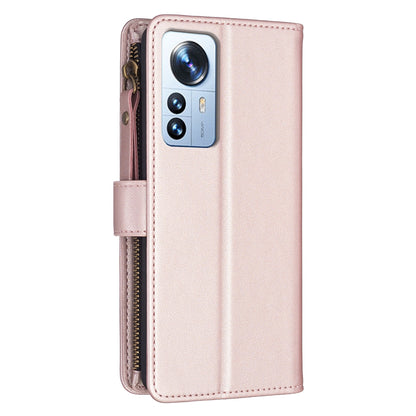 Xiaomi 12 Pro Leather Flip Wallet Phone Case with 9 Card Slots, Zipper Compartment, and Adjustable Stand